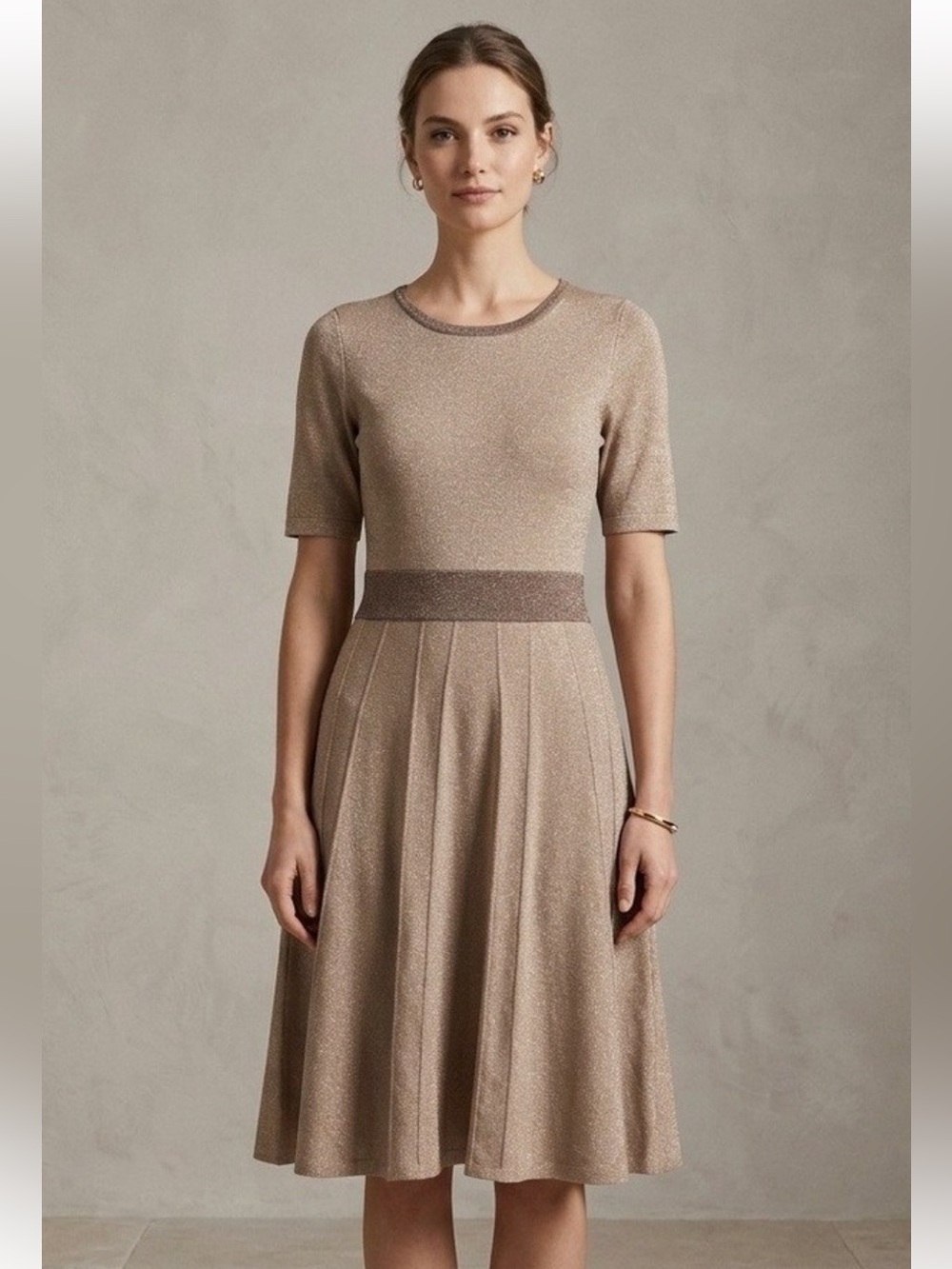 Boden Gold Metallic Knit Fit & Flare Dress US 4 Holiday Party